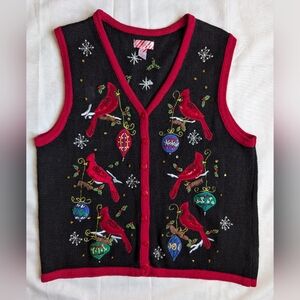 Christmas Sweater Vest Womens Ornaments Cardinals Holly Bead Sequins